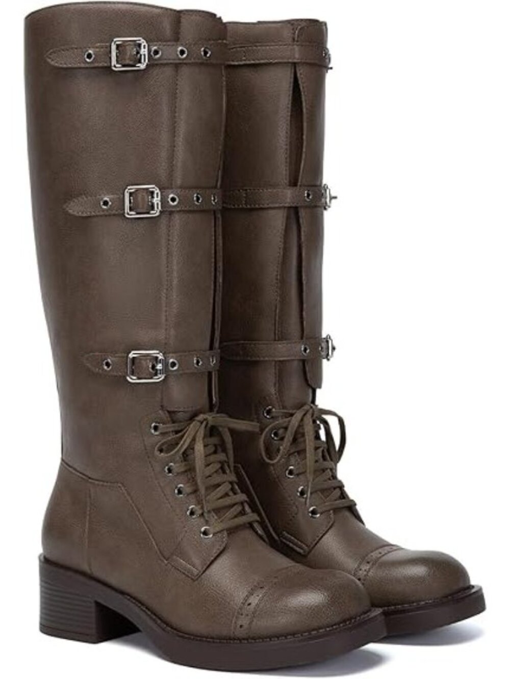 Athlefit Size 6.5 Boots Taupe Knee High Riding Wide Calf Adjustable Buckle Lace - Picture 3 of 8